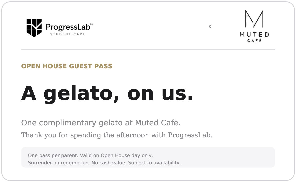 ProgressLab and Muted Café complimentary gelato guest pass