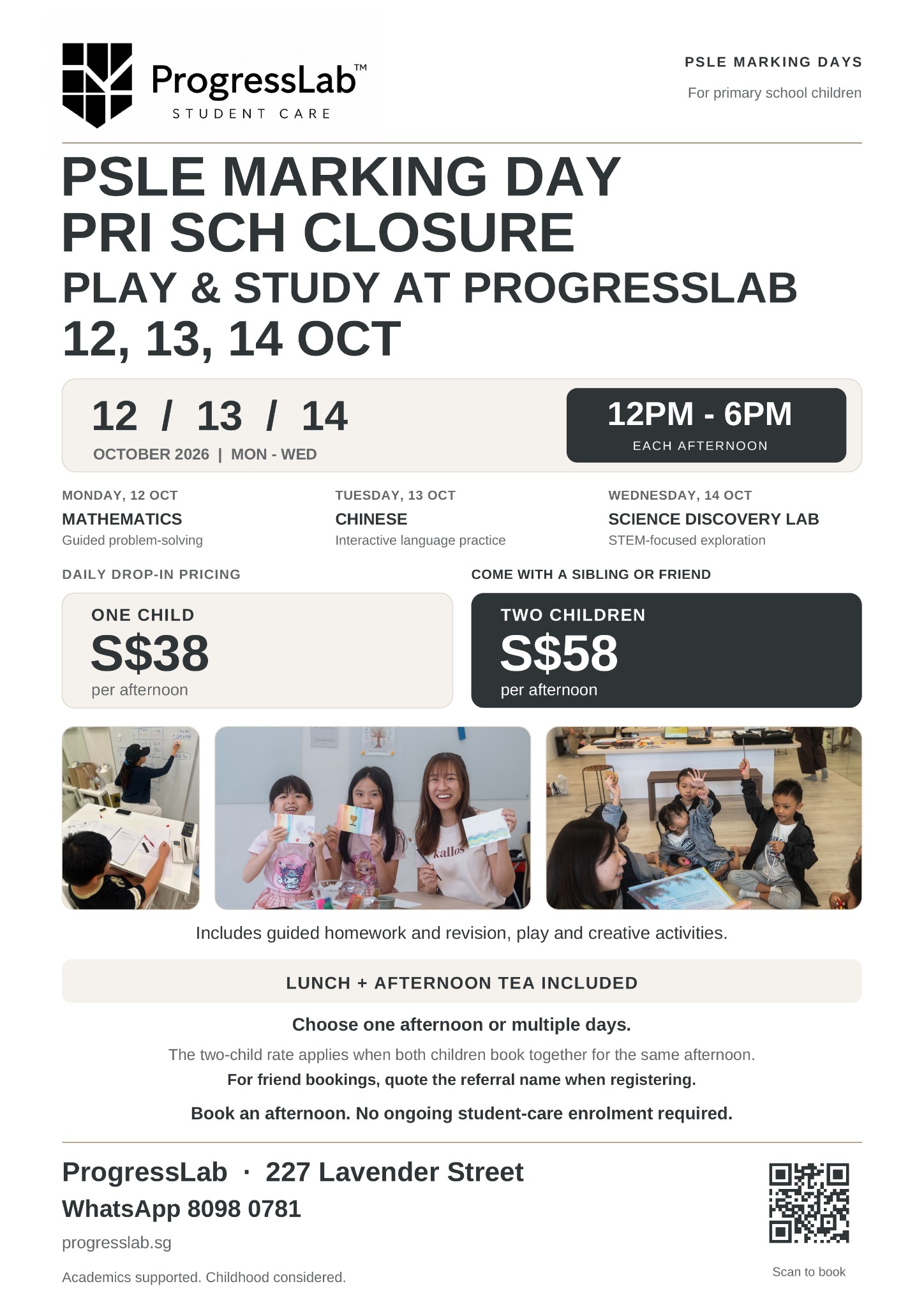 Play and Study Afternoons event poster, 12–14 October, with programme and booking details