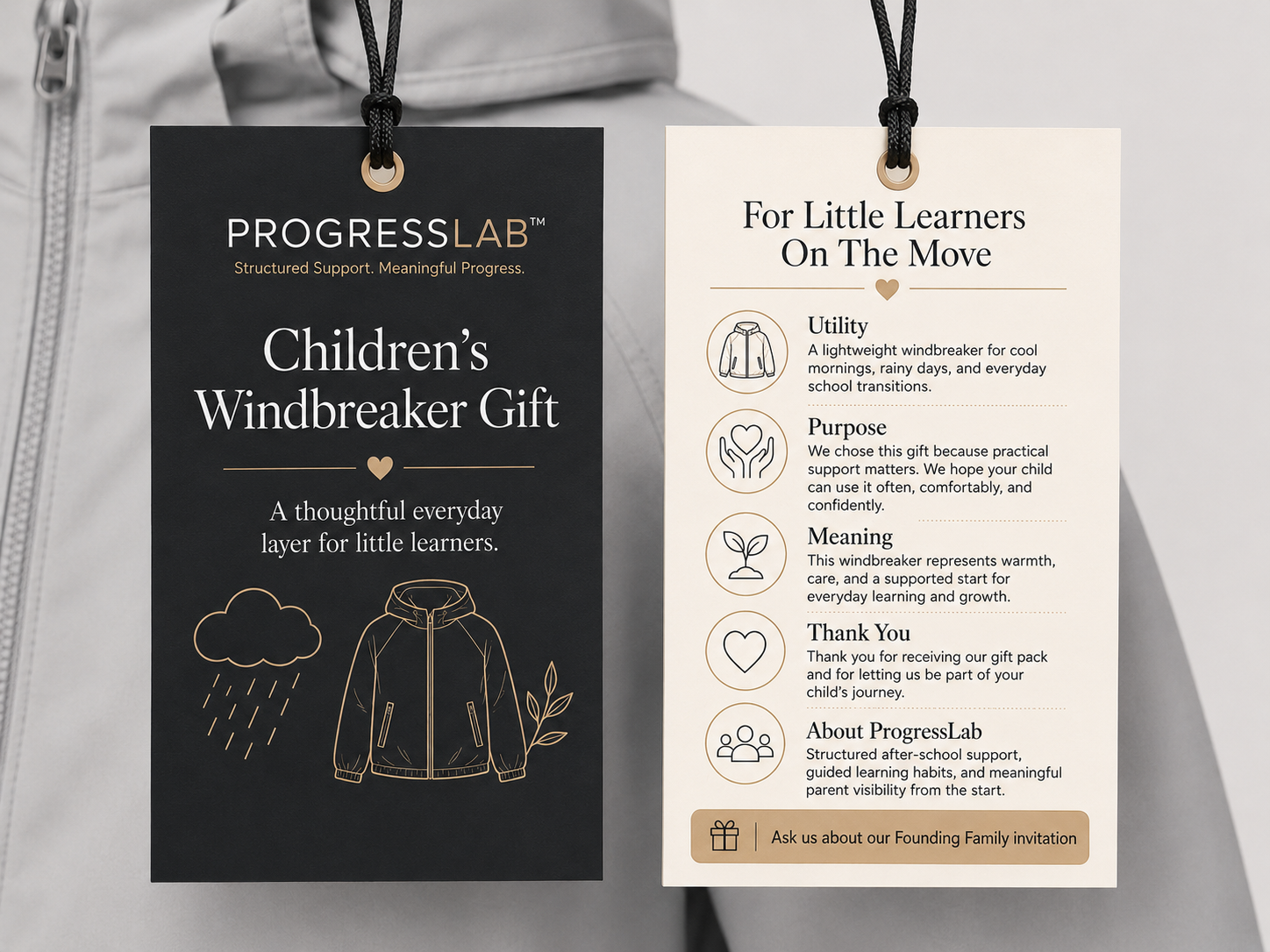ProgressLab children's windbreaker gift presentation card